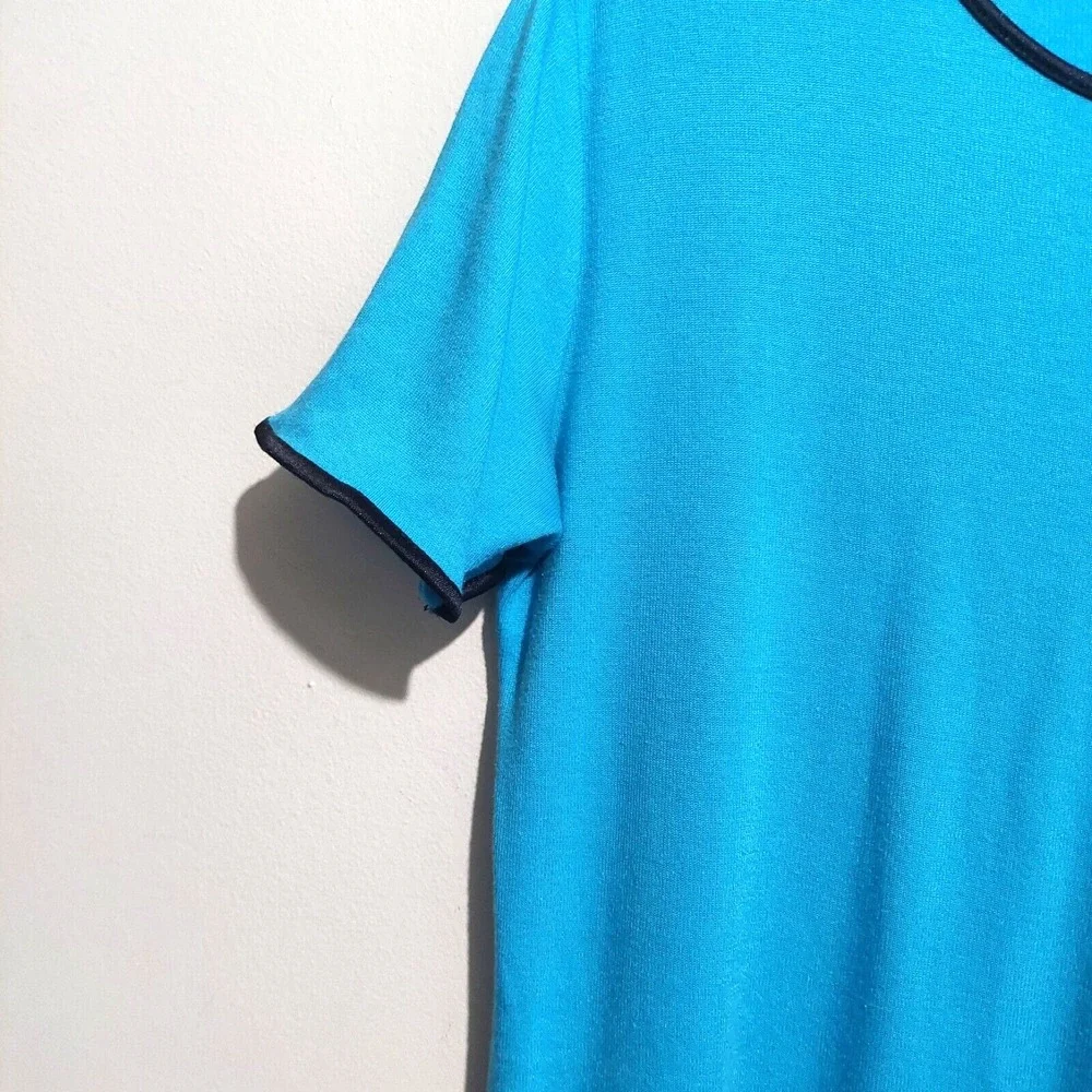 Just Clothes Womens Medium Knit Shift Dress Aqua Short Sleeves Piping "USA" - Picture 2 of 6